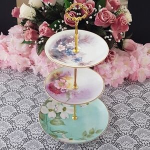 Handmade 3 Tier Porcelain Jewelry Trinket Stand Floral Tiered Serving Tray